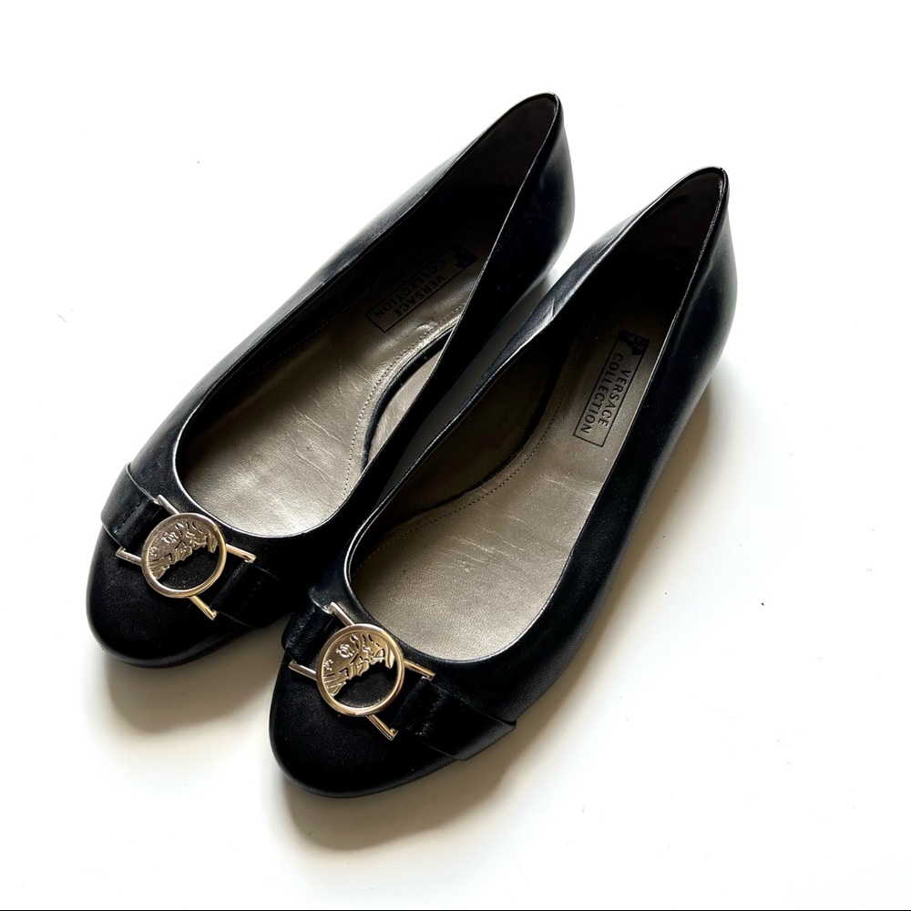 Versace Collection Black Flats with Gold Buckle